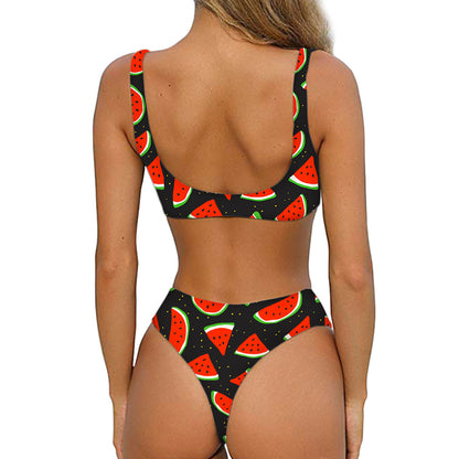 Black Cute Watermelon Pattern Print Front Bow Tie Bikini