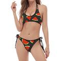 Black Cute Watermelon Pattern Print Halter Scoop Tie Side Bikini
