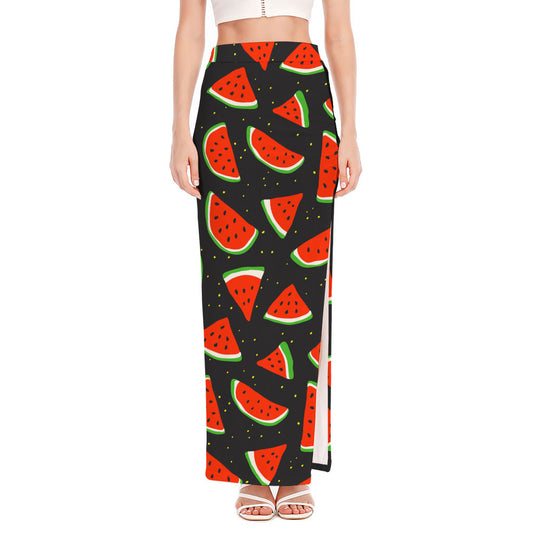 Black Cute Watermelon Pattern Print High Slit Maxi Skirt
