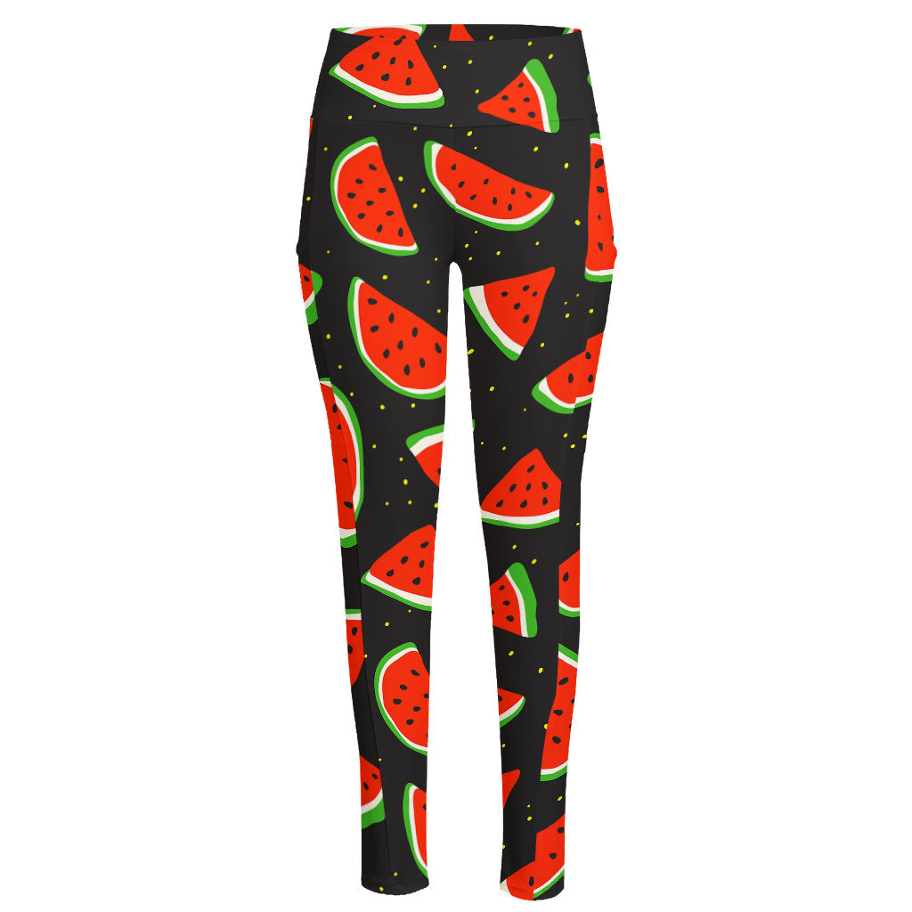 Black Cute Watermelon Pattern Print High-Waisted Pocket Leggings