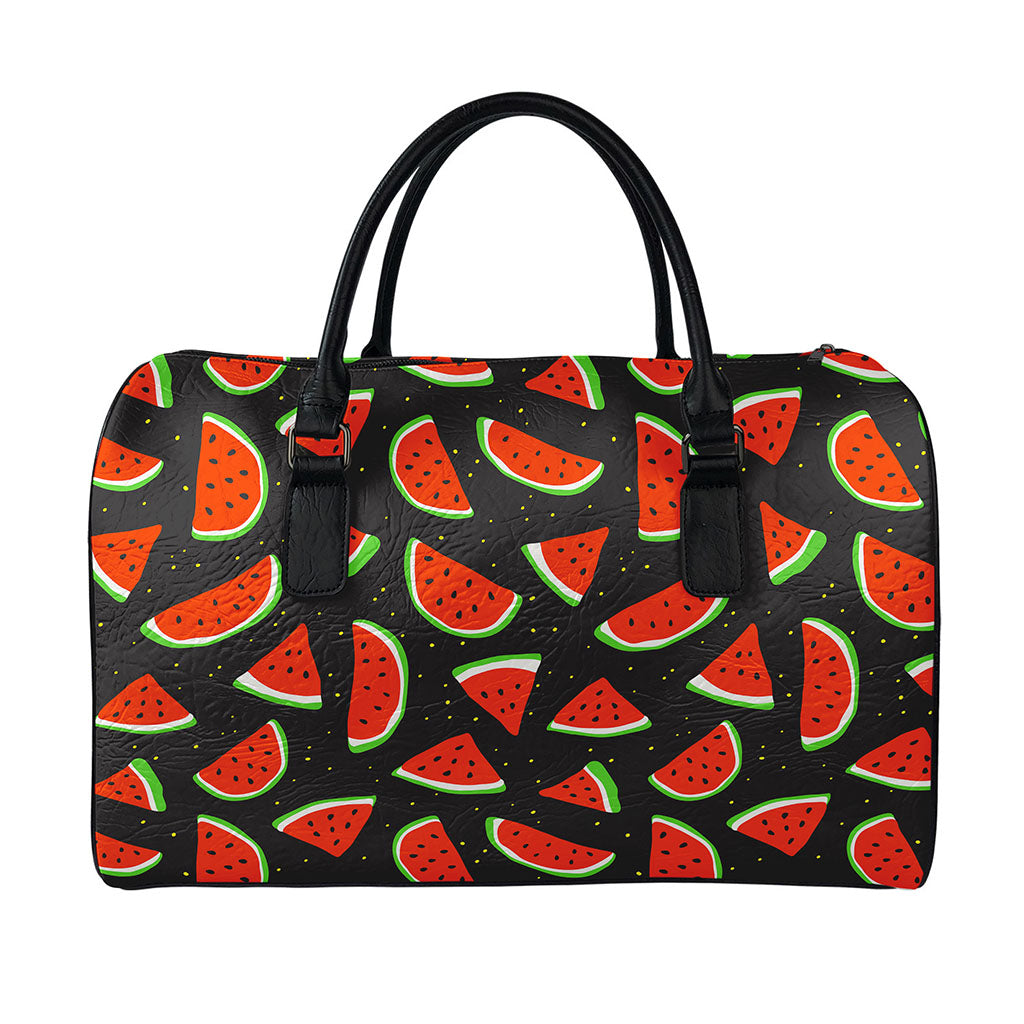 Black Cute Watermelon Pattern Print Leather Duffle Bag