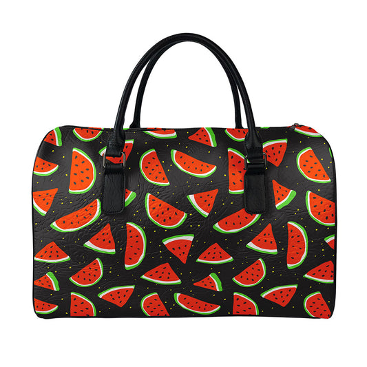 Black Cute Watermelon Pattern Print Leather Duffle Bag