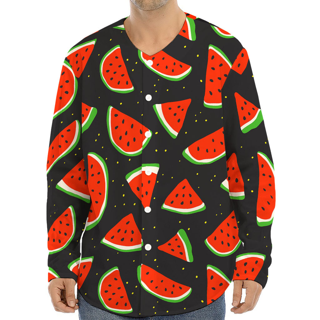 Black Cute Watermelon Pattern Print Long Sleeve Baseball Jersey