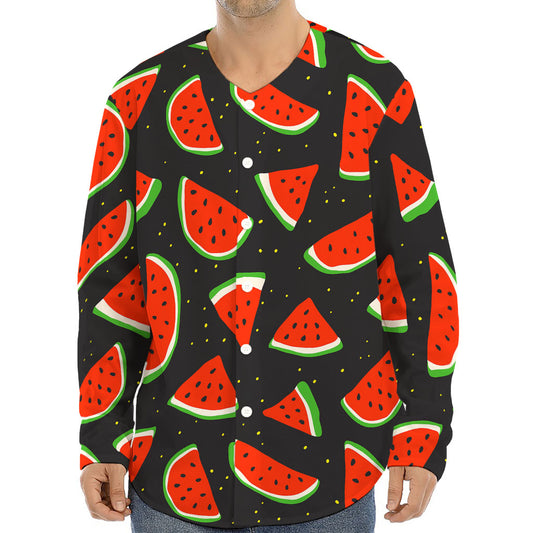 Black Cute Watermelon Pattern Print Long Sleeve Baseball Jersey