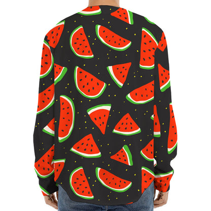 Black Cute Watermelon Pattern Print Long Sleeve Baseball Jersey