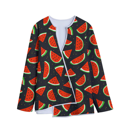 Black Cute Watermelon Pattern Print Long Sleeve Short Coat