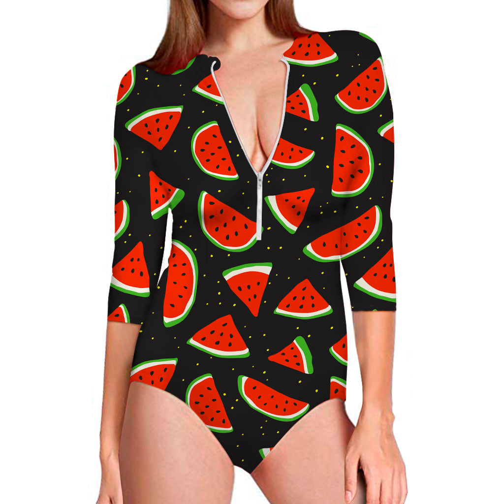 Black Cute Watermelon Pattern Print Long Sleeve Swimsuit