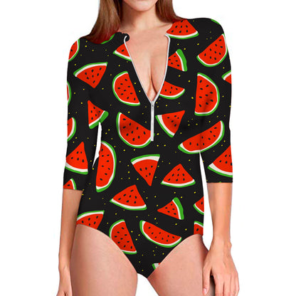Black Cute Watermelon Pattern Print Long Sleeve Swimsuit