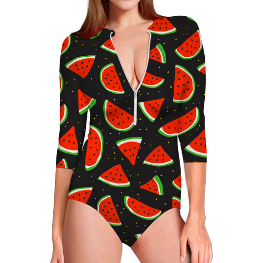 Black Cute Watermelon Pattern Print Long Sleeve Swimsuit