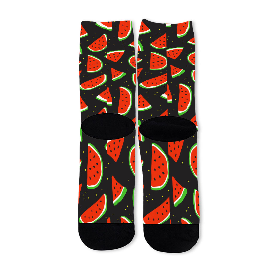 Black Cute Watermelon Pattern Print Long Socks