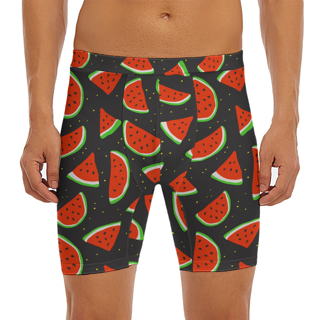 Black Cute Watermelon Pattern Print Men's Long Boxer Briefs