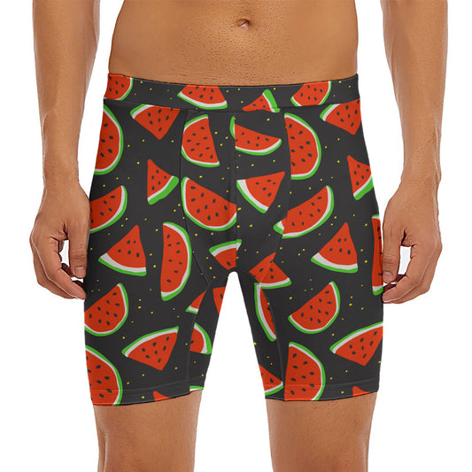 Black Cute Watermelon Pattern Print Men's Long Boxer Briefs