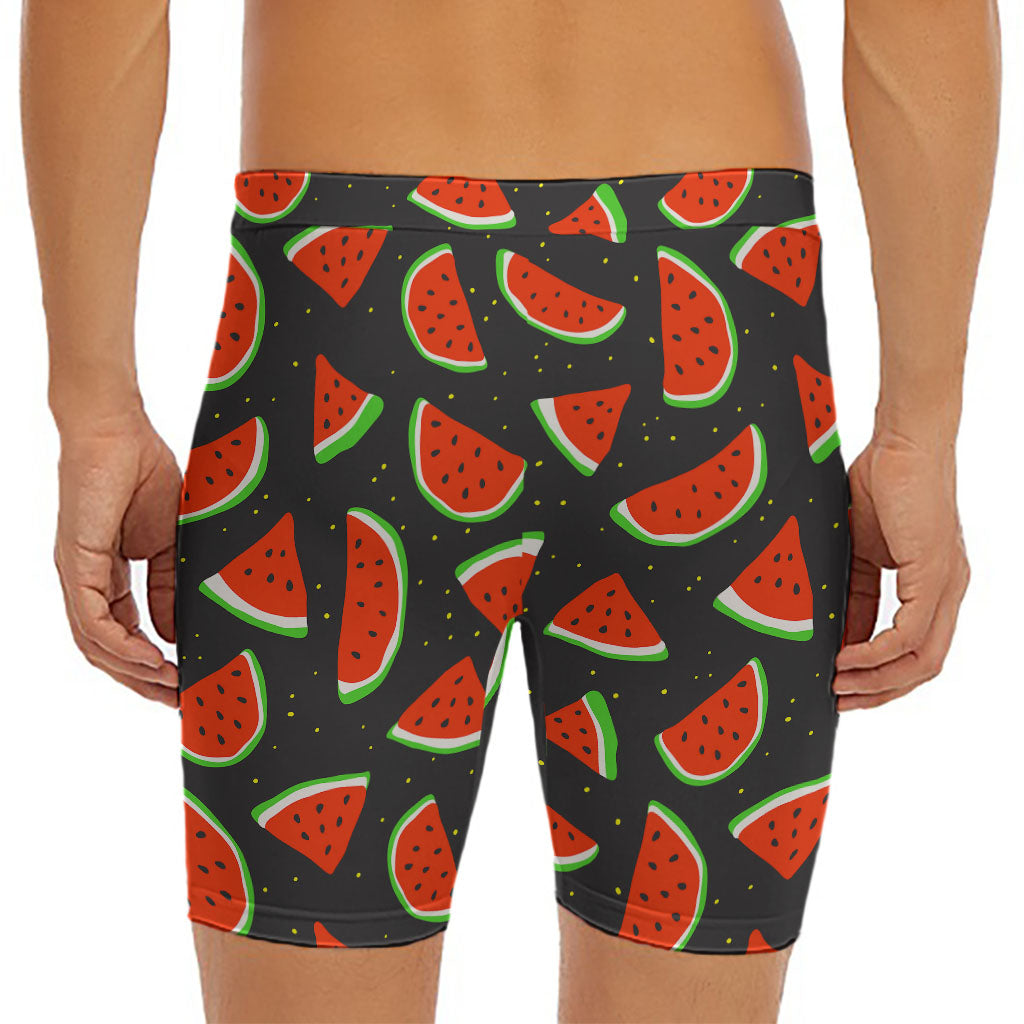 Black Cute Watermelon Pattern Print Men's Long Boxer Briefs