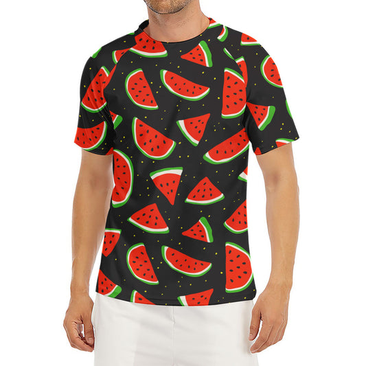 Black Cute Watermelon Pattern Print Men's Short Sleeve Rash Guard