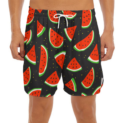 Black Cute Watermelon Pattern Print Men's Split Running Shorts