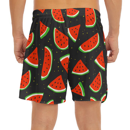 Black Cute Watermelon Pattern Print Men's Split Running Shorts