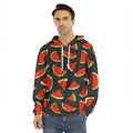 Black Cute Watermelon Pattern Print Men's Velvet Pullover Hoodie