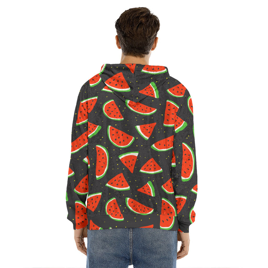Black Cute Watermelon Pattern Print Men's Velvet Pullover Hoodie