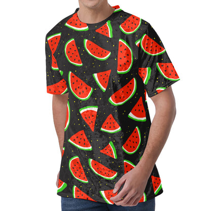 Black Cute Watermelon Pattern Print Men's Velvet T-Shirt