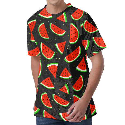 Black Cute Watermelon Pattern Print Men's Velvet T-Shirt