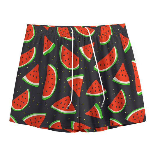Black Cute Watermelon Pattern Print Mesh Shorts