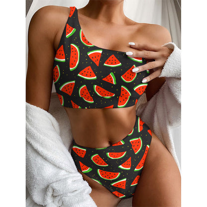 Black Cute Watermelon Pattern Print One Shoulder Bikini Top