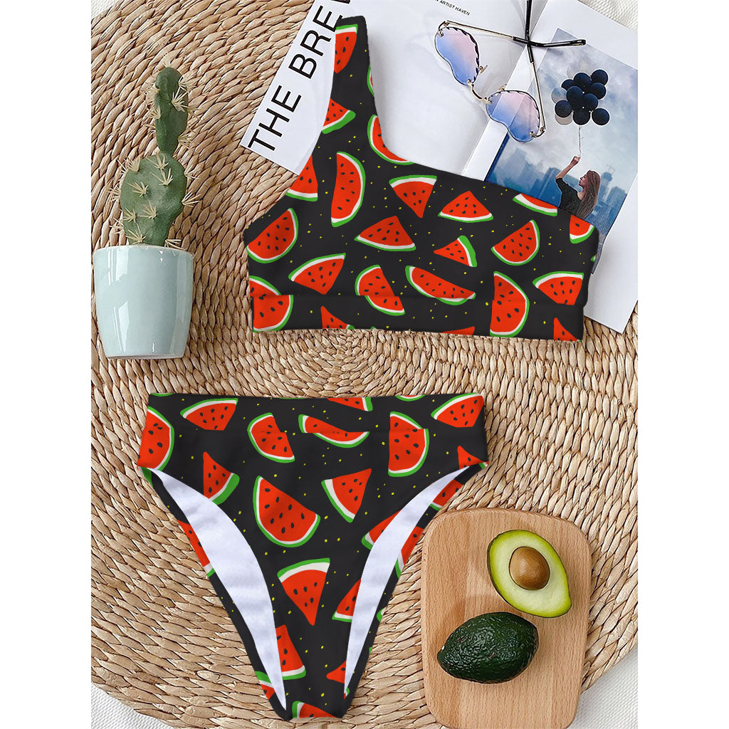 Black Cute Watermelon Pattern Print One Shoulder Bikini Top