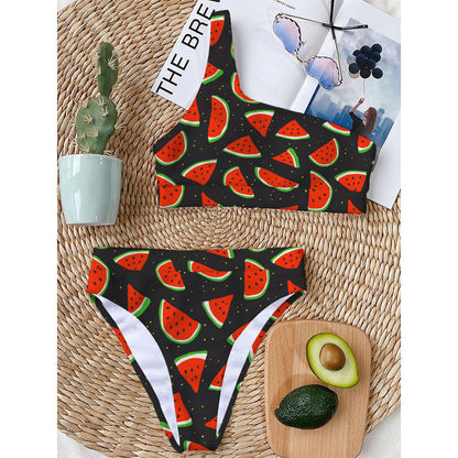 Black Cute Watermelon Pattern Print One Shoulder Bikini Top