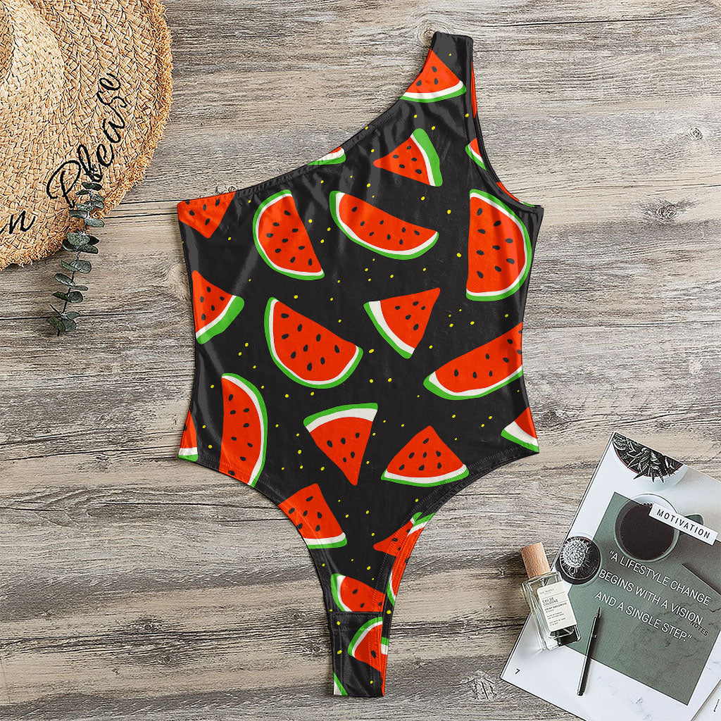 Black Cute Watermelon Pattern Print One Shoulder Bodysuit