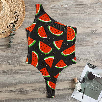 Black Cute Watermelon Pattern Print One Shoulder Bodysuit