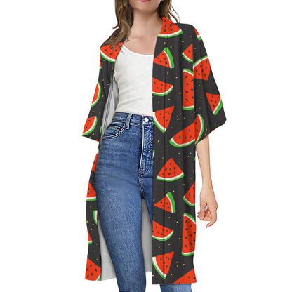 Black Cute Watermelon Pattern Print Open Front Beach Cover Up