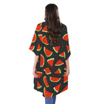 Black Cute Watermelon Pattern Print Open Front Beach Cover Up