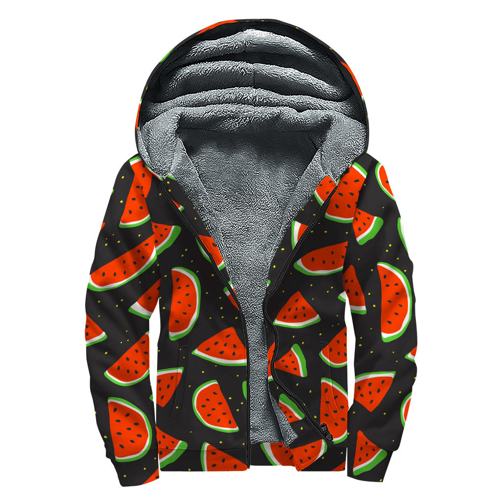 Black Cute Watermelon Pattern Print Sherpa Lined Zip Up Hoodie