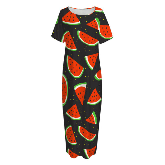 Black Cute Watermelon Pattern Print Short Sleeve Long Nightdress