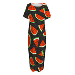Black Cute Watermelon Pattern Print Short Sleeve Long Nightdress