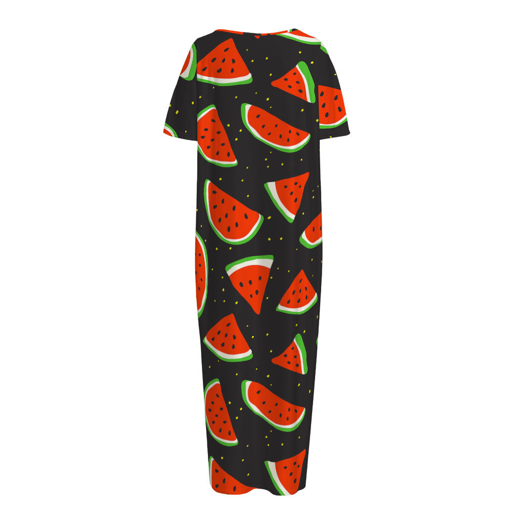 Black Cute Watermelon Pattern Print Short Sleeve Long Nightdress