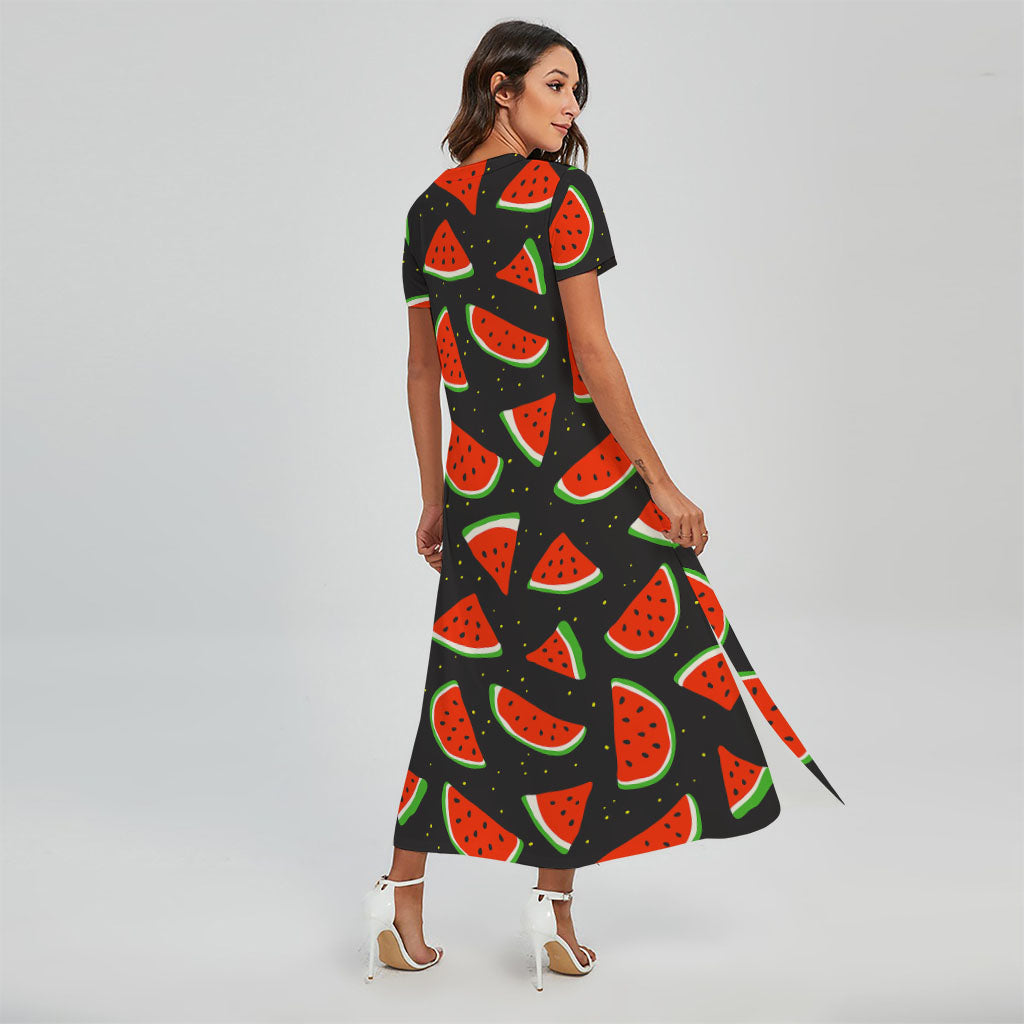 Black Cute Watermelon Pattern Print Short Sleeve Maxi Dress