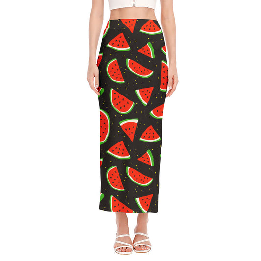 Black Cute Watermelon Pattern Print Side Slit Maxi Skirt