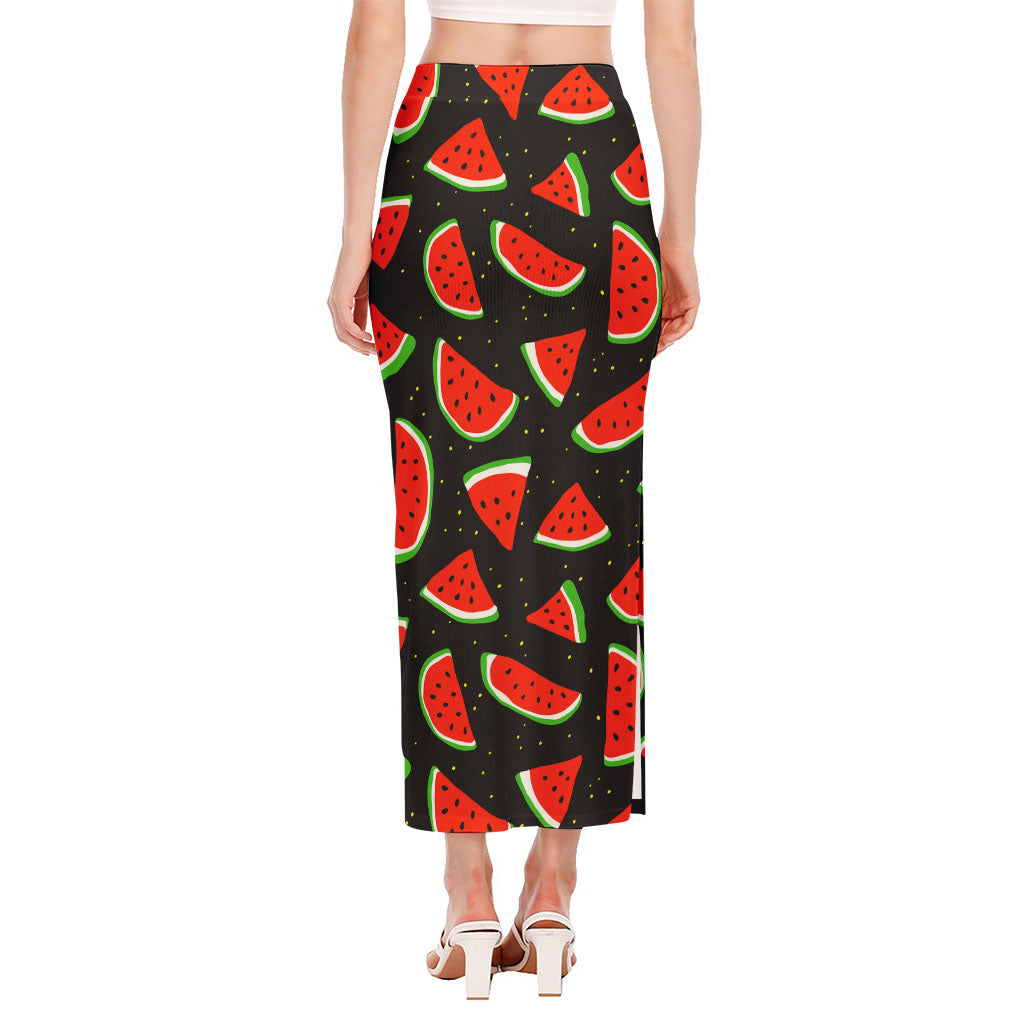 Black Cute Watermelon Pattern Print Side Slit Maxi Skirt