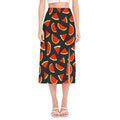 Black Cute Watermelon Pattern Print Side Slit Midi Skirt
