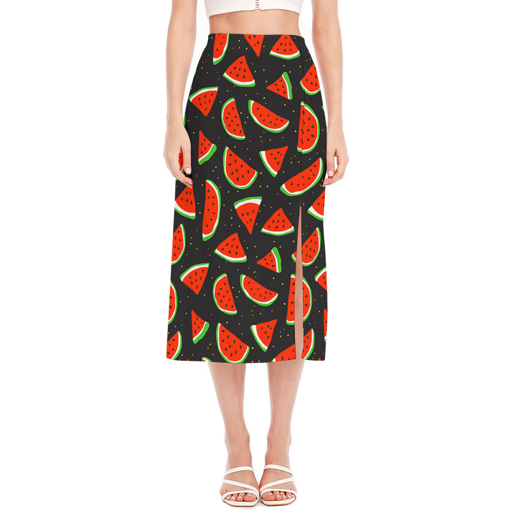 Black Cute Watermelon Pattern Print Side Slit Midi Skirt