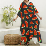 Black Cute Watermelon Pattern Print Silk V-Neck Kaftan Dress