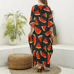 Black Cute Watermelon Pattern Print Silk V-Neck Kaftan Dress