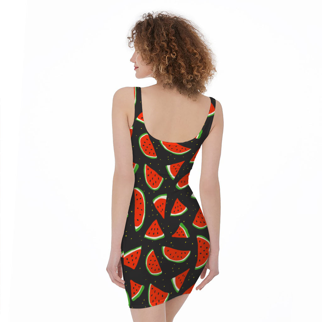 Black Cute Watermelon Pattern Print Sleeveless Bodycon Dress