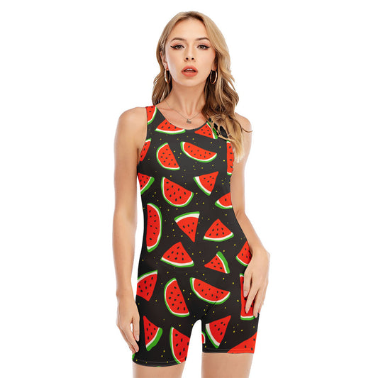 Black Cute Watermelon Pattern Print Sleeveless One Piece Swimsuit