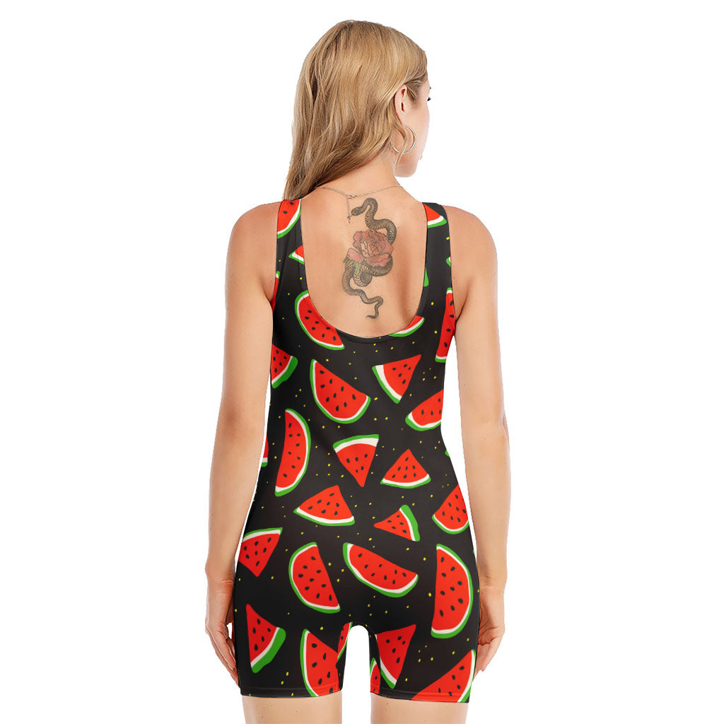 Black Cute Watermelon Pattern Print Sleeveless One Piece Swimsuit