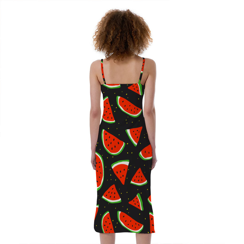 Black Cute Watermelon Pattern Print Slim Fit Midi Cami Dress