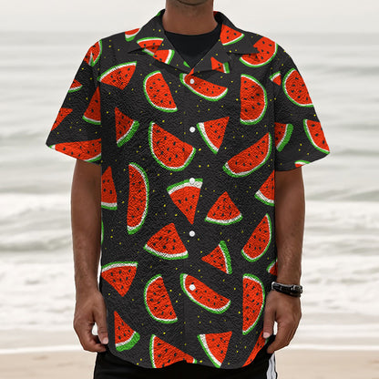 Black Cute Watermelon Pattern Print Textured Short Sleeve Shirt
