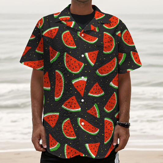 Black Cute Watermelon Pattern Print Textured Short Sleeve Shirt