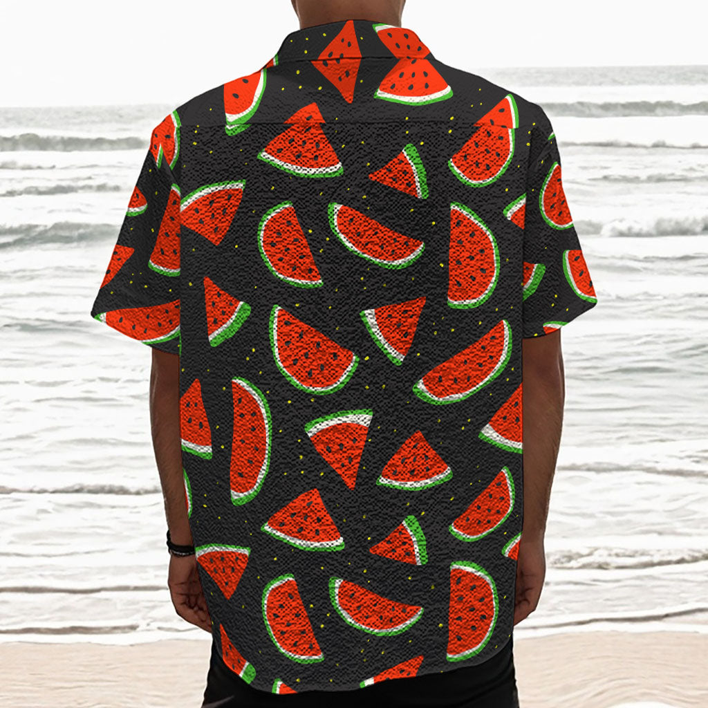 Black Cute Watermelon Pattern Print Textured Short Sleeve Shirt